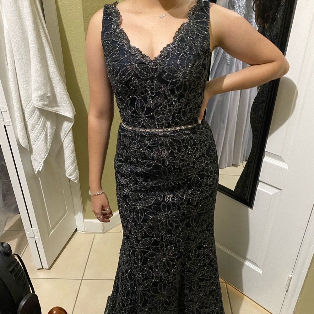 JS Collection Navy metallic lace trumpet gown 8